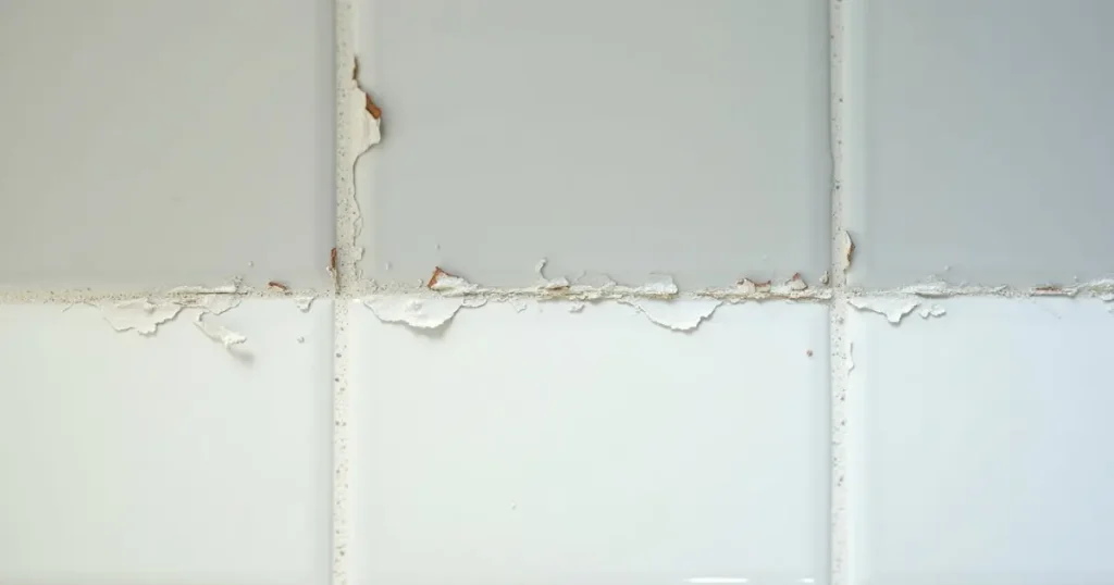 Loose bathroom tiles showing signs of movement and damaged grout