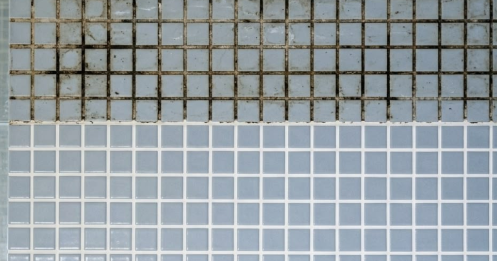 Black grout in shower showing mould and dark staining